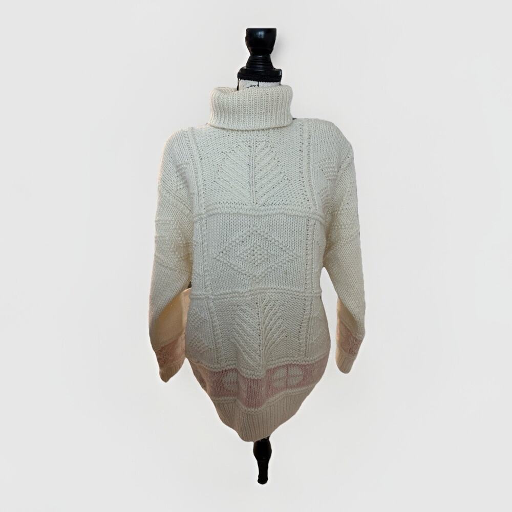 Vintage 80s Liz Claiborne Chunky Sweater Oversize Cream Pink Turtleneck